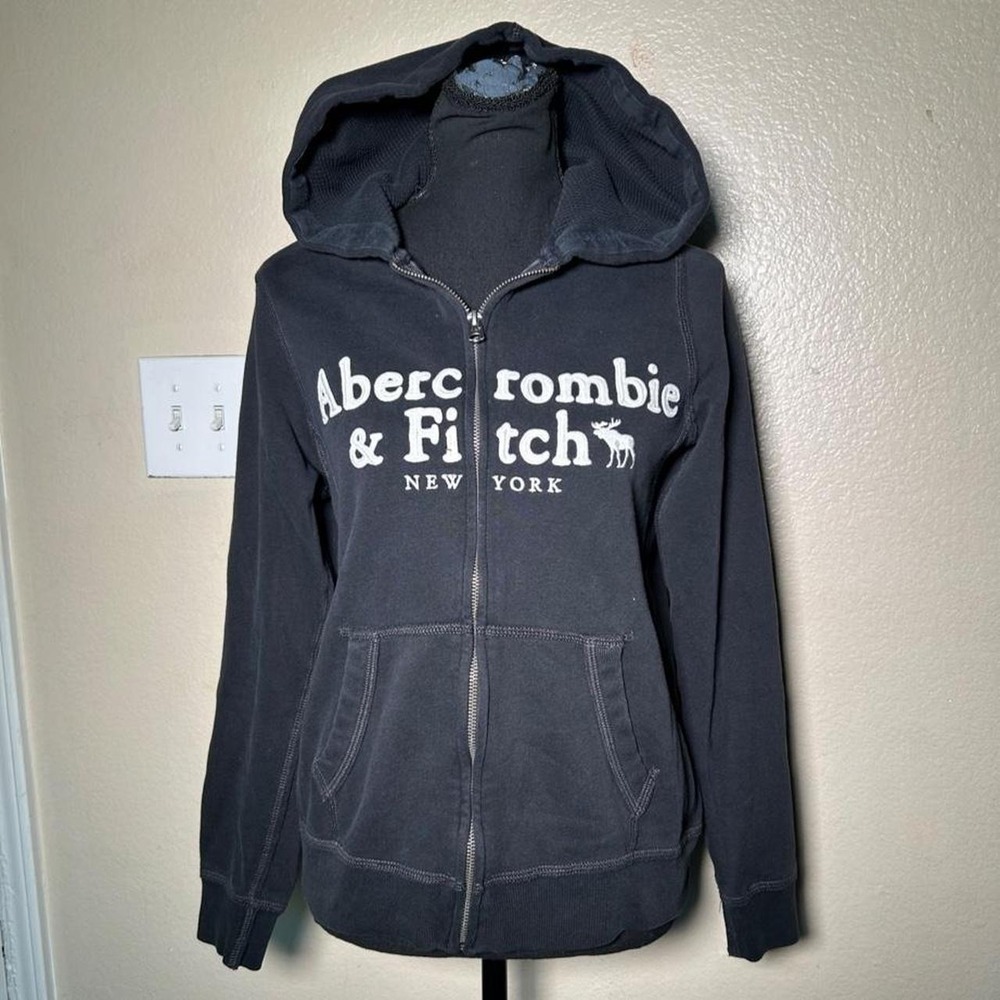 Abercrombie & Fitch Vintage Y2K Black Graphic Zip Up Hoodie Jacket Womens Medium
